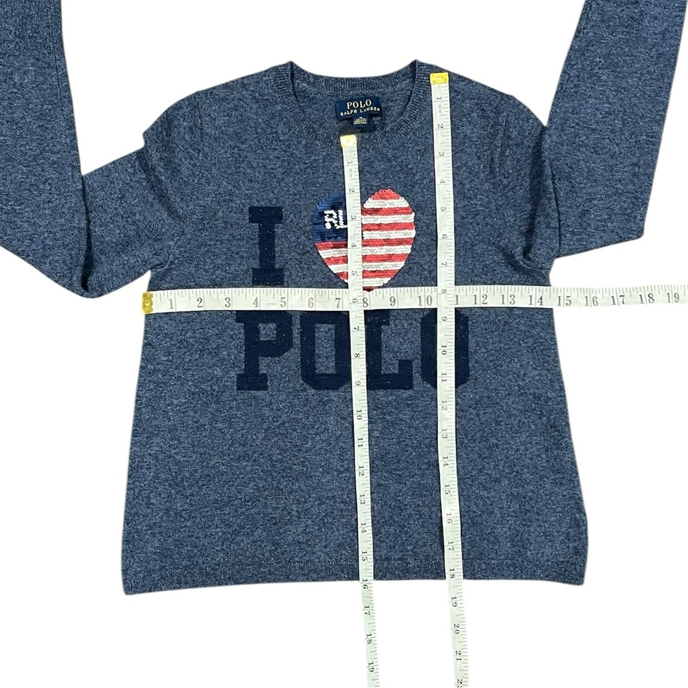 Polo Ralph Lauren Sweater Girls Blue I Heart USA flag Polo Pullover Size M 8-10 - Picture 7 of 13